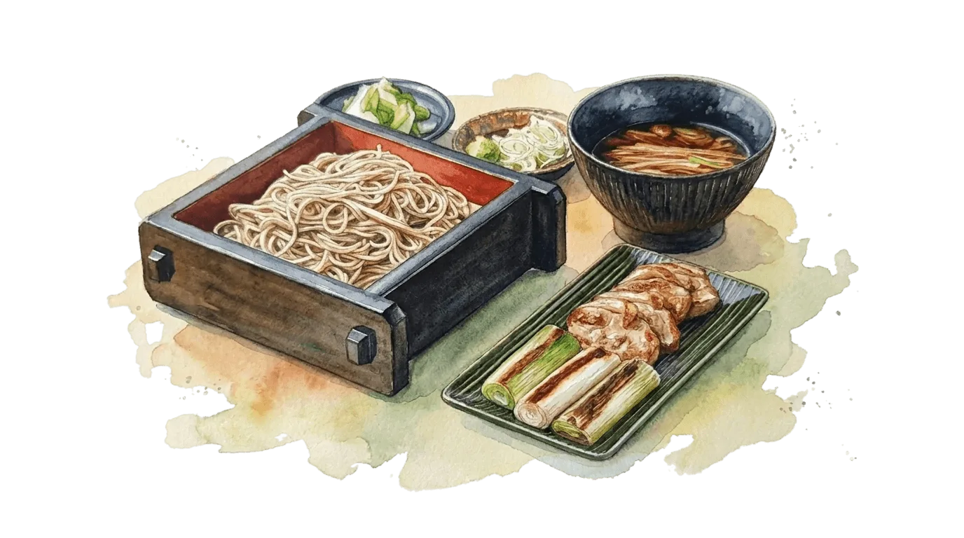 鴨せいろと十割蕎麦の水彩イラスト